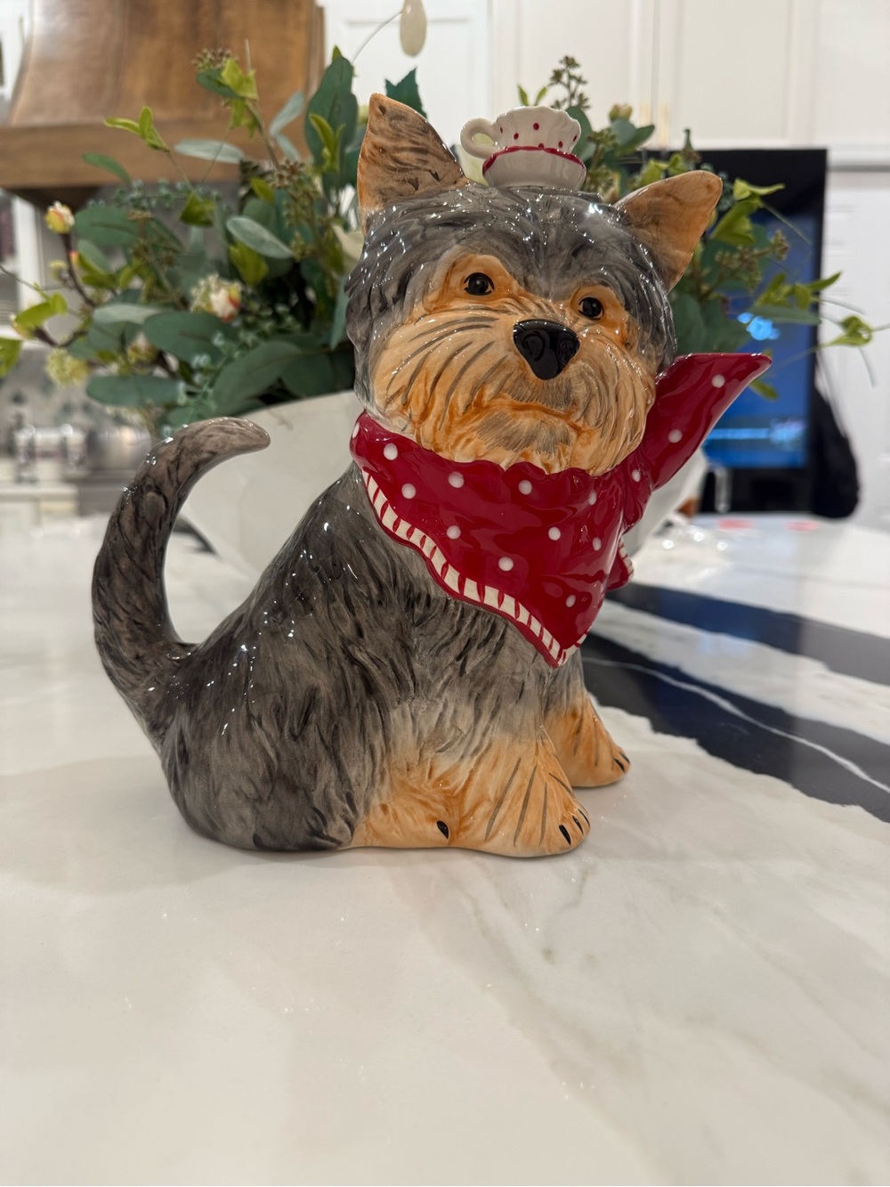 Yorkshire Terrier Ceramic Teapot | Yorkie Tea Pot with Red Polka Dot Scarf